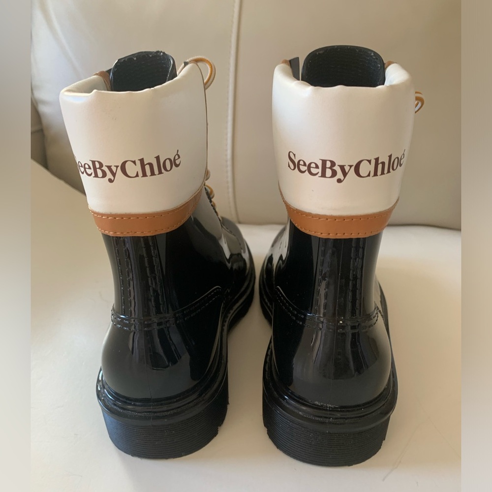 See by Chloe Black Lace-Up Ankle Boots with White & Tan Collar Size 7.5